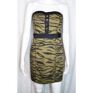 H&M Divided Tiger Striped Strapless Camo Army Green With Black Mini Dress Size 8